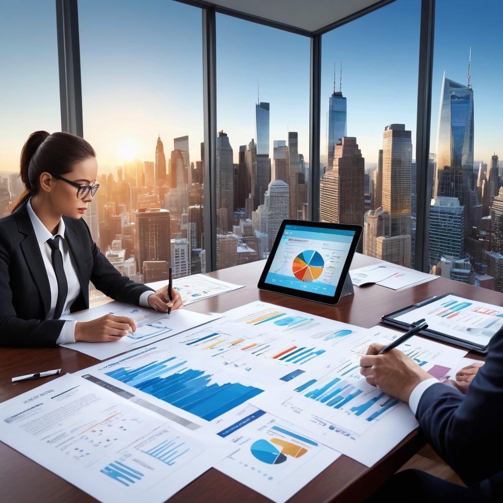 A detailed and engaging illustration of a person analyzing various insurance policy documents spread across a modern desk, with highlighted text and graphs on a digital tablet. Include icons representing different coverage options (like home, auto, health) floating around, and a backdrop of a city skyline symbolizing risk assessment. The scene should convey professionalism and clarity. super-realistic. vibrant colors. 3D.