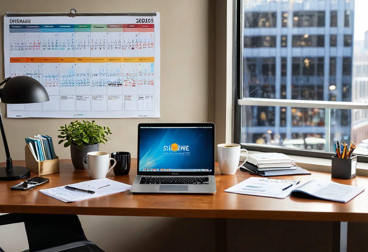 A modern office desk with a laptop displaying an insurance news website, surrounded by financial books and a coffee cup. A wall calendar marked with important insurance dates is in the background. Soft natural light filtering through a window, creating a warm and inviting atmosphere. super-realistic. vibrant colors. warm lighting.